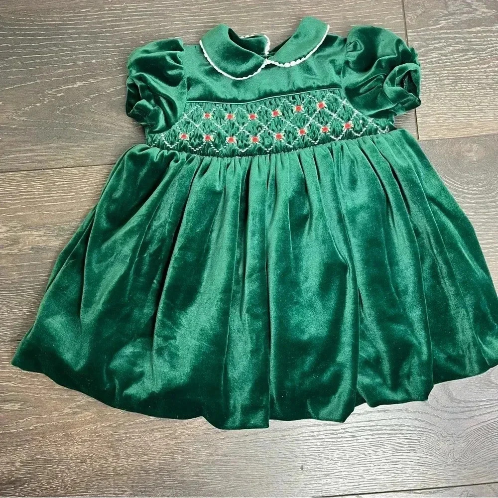 Charming Green Velvet Kids Dress with Embroidery